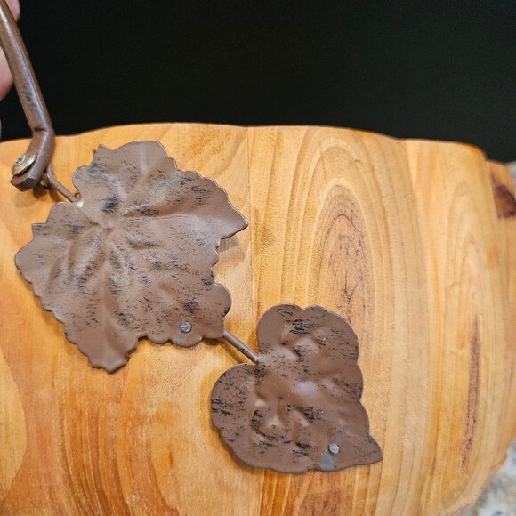 Pier One Rustic Hand Carved Pumpkin Bowl With Metal Handles and Leaf Accent - Picture 8 of 10